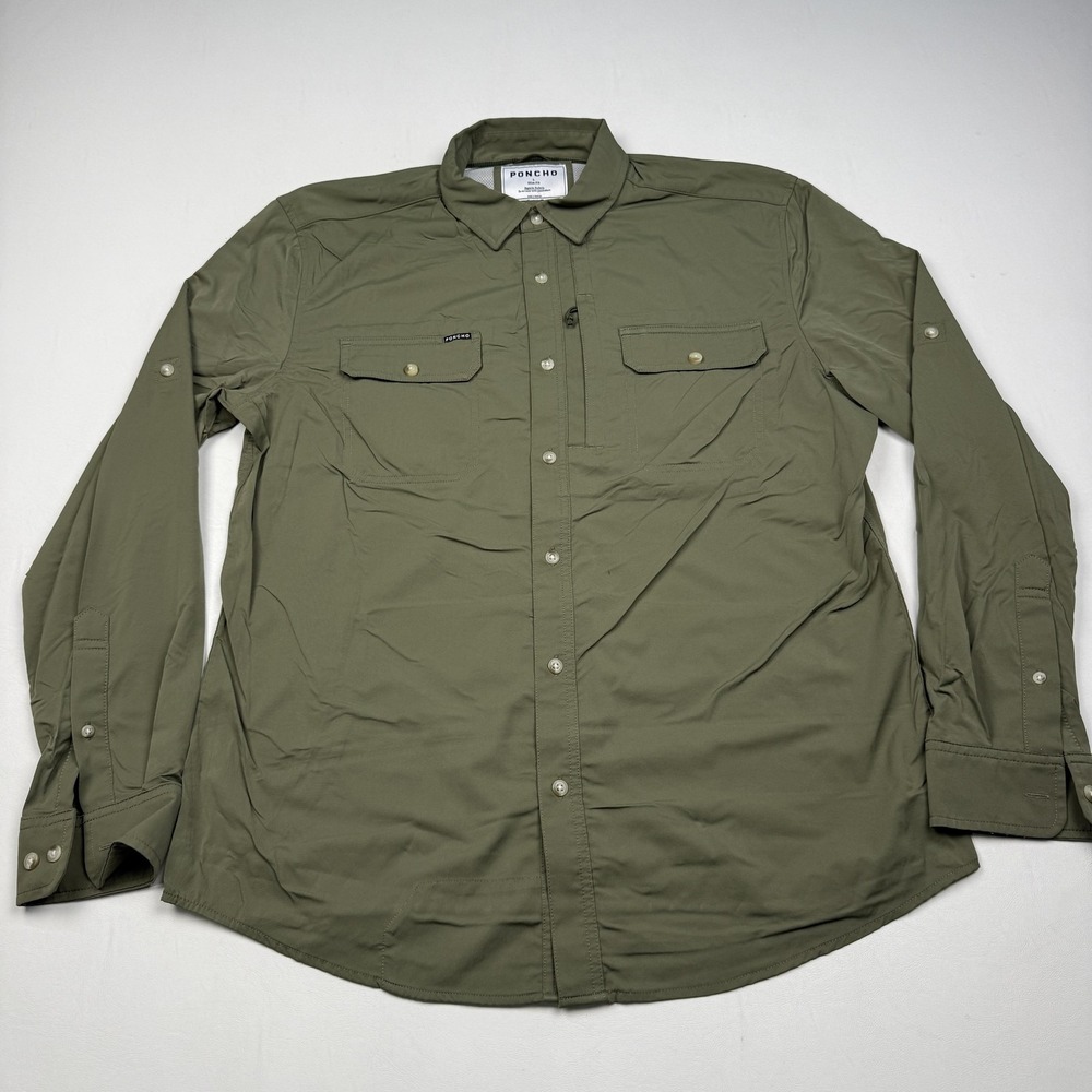 Poncho Shirt Mens Large Green Solid Long Sleeve Button Up Slim Fit Outdoor